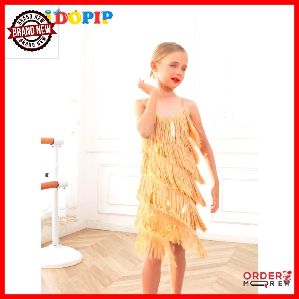 Girls 1920s Flapper Dress with Sequins Tassels Fringe Latin Dance Costume - Picture 7 of 7
